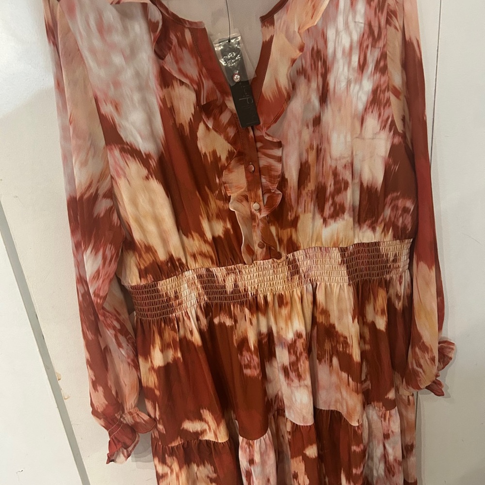 Belldini Rust and Cream Tie-Dye Long Sleeve Tiered Dress - Picture 11 of 12